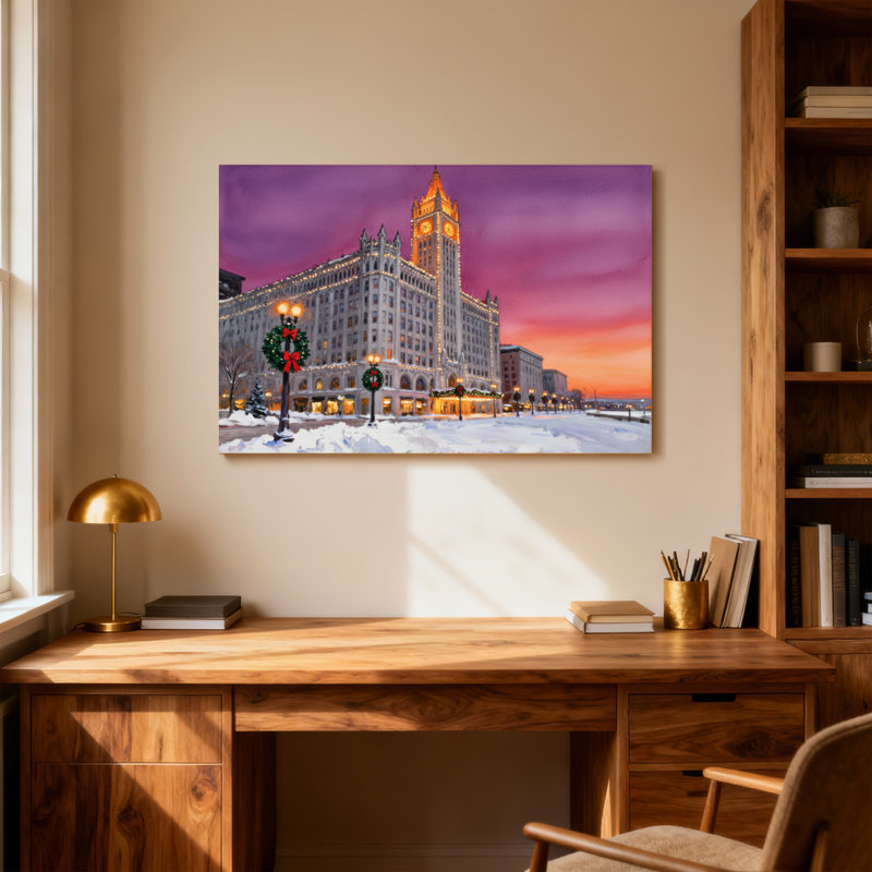 Paysage de Noël enneigé, lumières de Noël, coucher de soleil, bâtiment, H 16 po x l 24 po