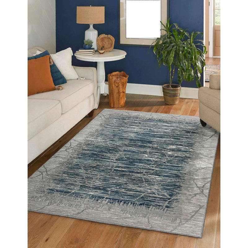 Tapis bleu Davide 1229 - motif transitionnel moderne, texture douce haute-basse, Rectangle 7 pi 10 po x 10 pi 6 po