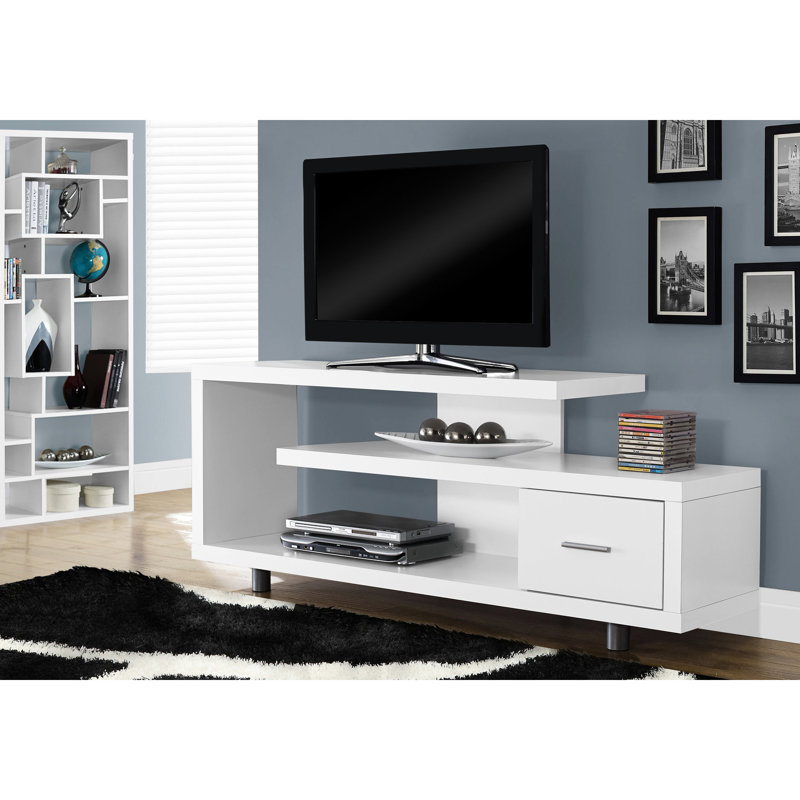 Meuble télé 60 po en stratifié blanc, meuble multimédia moderne avec rangement pour le salon, la chambre à coucher