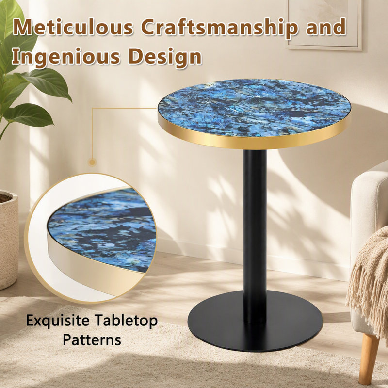 Table basse de luxe ronde de 23,6 pouces, plateau en panneau de fibres à densité moyenne en marbre UV, bandes de chant en acier inoxydable, base à piédestal en métal