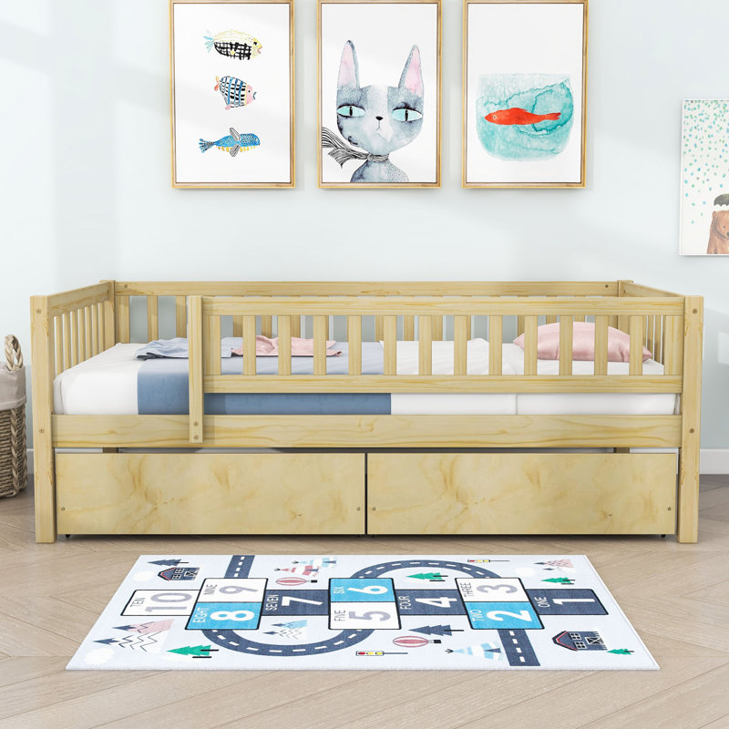 Lit en bois avec deux tiroirs, Naturel, Simple