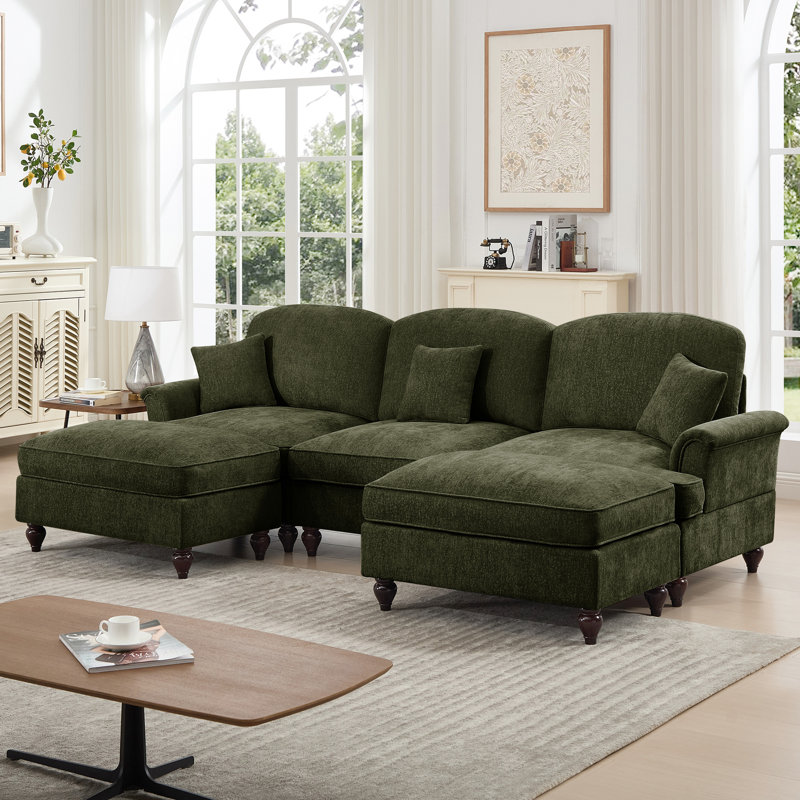 Confortable 3 places en chenille avec dossier incurvé, pieds fuselés et jupes détachables pour accoudoirs décoratifs à nuage de changement, jupes plissées à volants, configurations multiples, soutien doux