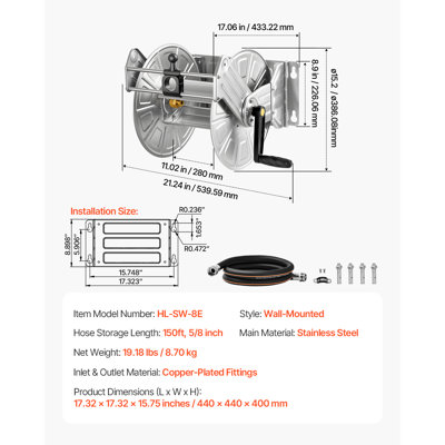 Enrouleur mural pour boyau d'arrosage, capacité de 45,7 m (150 pi) pour tuyau de 16 mm (5/8 po), robuste, en acier inoxydable, enrouleur manuel extérieur avec raccord en laiton et guide-tuyau, gain de place, conçu pour le jardin, la pelouse et le garage.