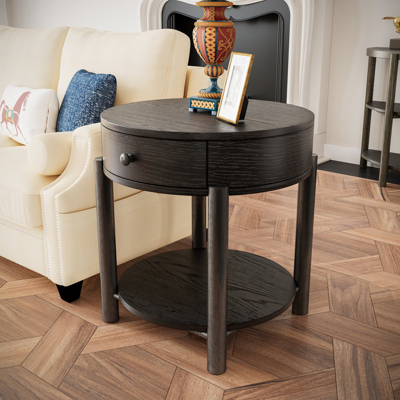 Wexford Collection Round Wood End Table with Drawer and Open Shelf, Mid-Century Modern Storage Accent Side Table, Iron Black