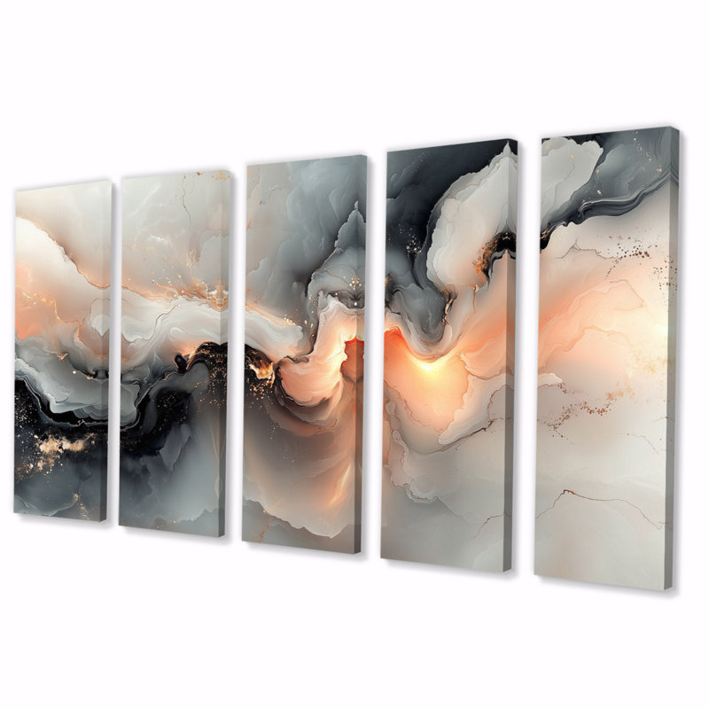 Abstract Geode Grey Marble River Shape II - Marble Canvas Art Set, 32" H x 80" W