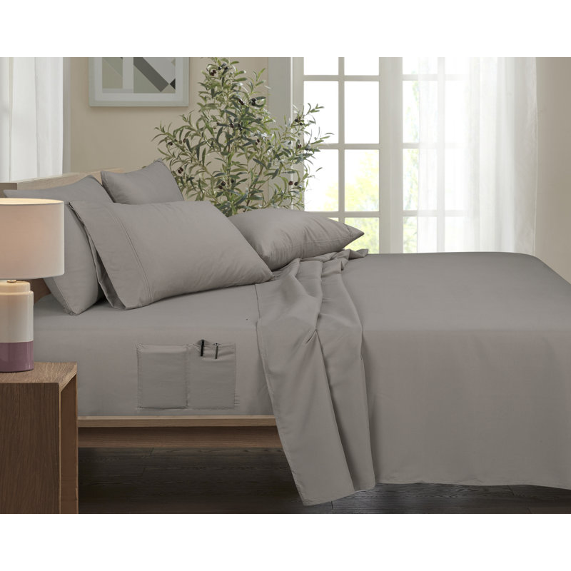 Rayon From Bamboo 6 Piece 1800 Thread Count Smart Pocket Sheet Set, Gray, Twin Sheet Set with 3 Additional Pieces