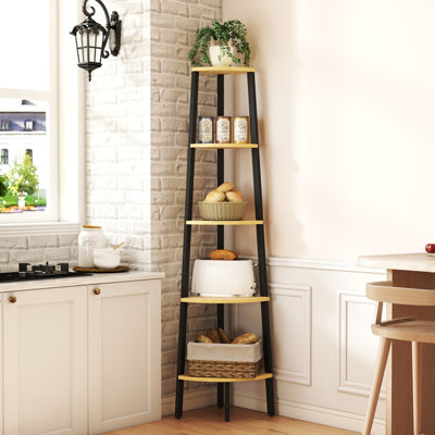 Corner Shelf, 5 Tier Ladder Corner Bookshelf, 62.5"H, Anti-Tip Display Stand Unit, Space Saving, Natural Oak