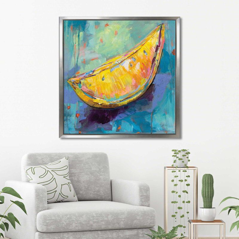 Citron en coin - Peinture, H 21,5 po x l 21,5 po x P 2 po, Cadre flottant argent