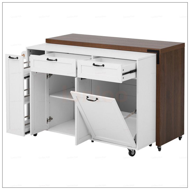 Kitchen Island With Extendable Dining Table, Mobile Cart With Trash Storage, 3-Tier Spice Rack, And Wheels For Versatile Use