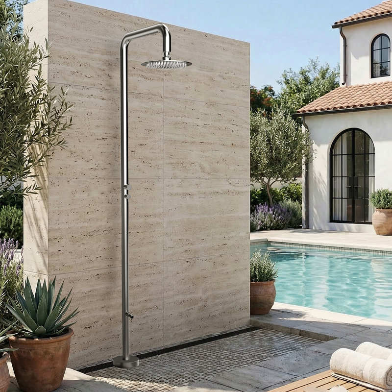 Douche d'extérieur autoportante en acier inoxydable 316 à double fonction uniquement pour eau froide, Nickel brossé