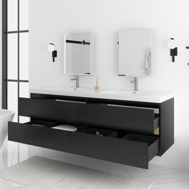 Meuble-lavabo flottant avec lavabo, Noir, noir, noir, noir