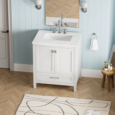 Meuble-lavabo autoportant de 30 po avec lavabo, comptoir en marbre d'ingénierie Carrara avec lavabo rectangulaire encastré en céramique, grande porte de rangement à fermeture en douceur