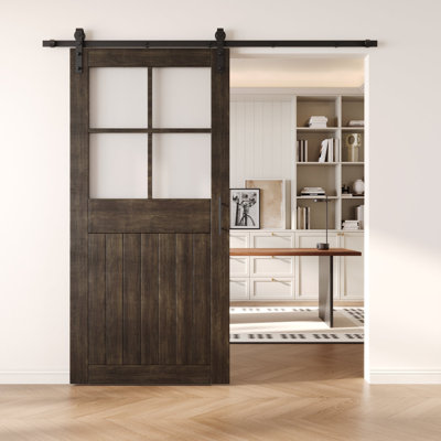 Porte de grange en verre givré non assemblée et semi-finie en ébène de 40 po x 84 po avec ensemble de quincaillerie d'installation sans dérivation Homacer