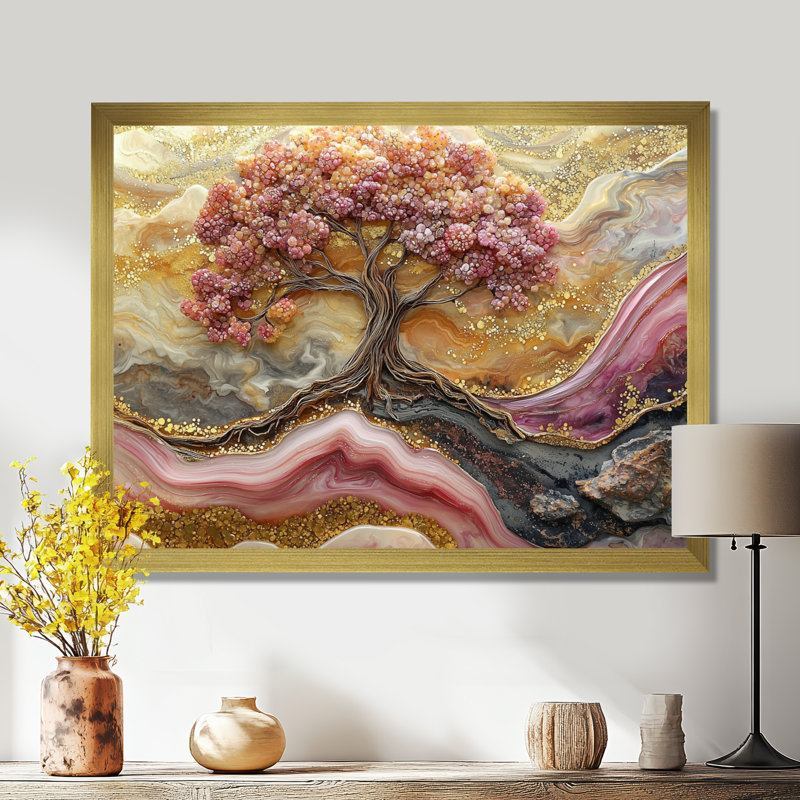 Art rose sur toile rose, marbre doré infini, arbre de vie III, Reproduction d'une seule photo avec cadre, H 12 po x l 20 po