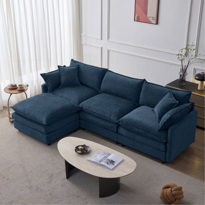 Canapé modulaire en tissu de chenille rembourré en tissu de chenille doux de 105 po avec 3 places et repose-pieds de 105 po bleu