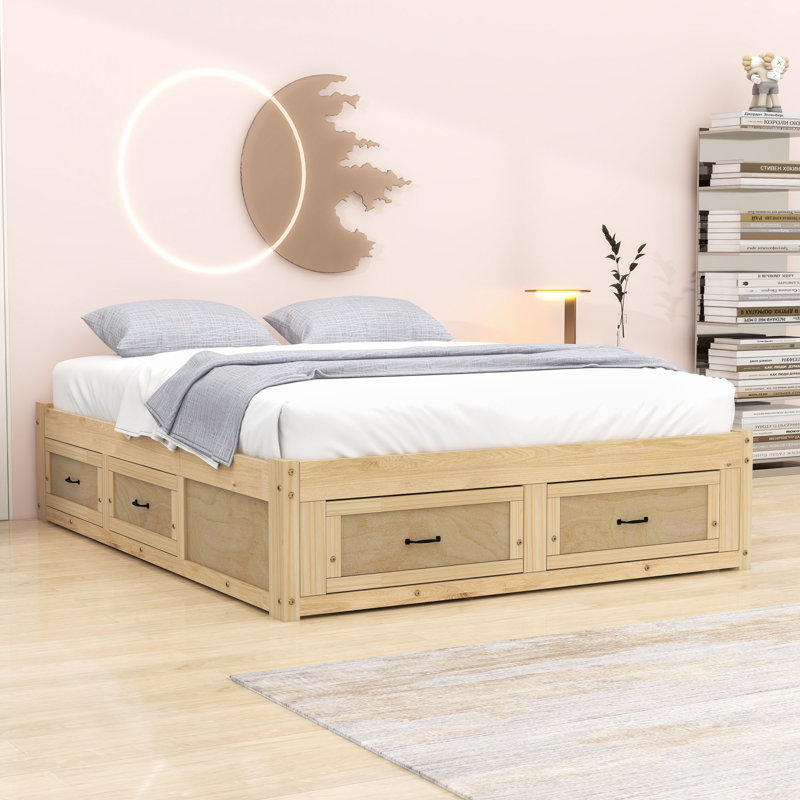 Wooden Platform Bed with 6 Drawers, Antique Natural, Queen