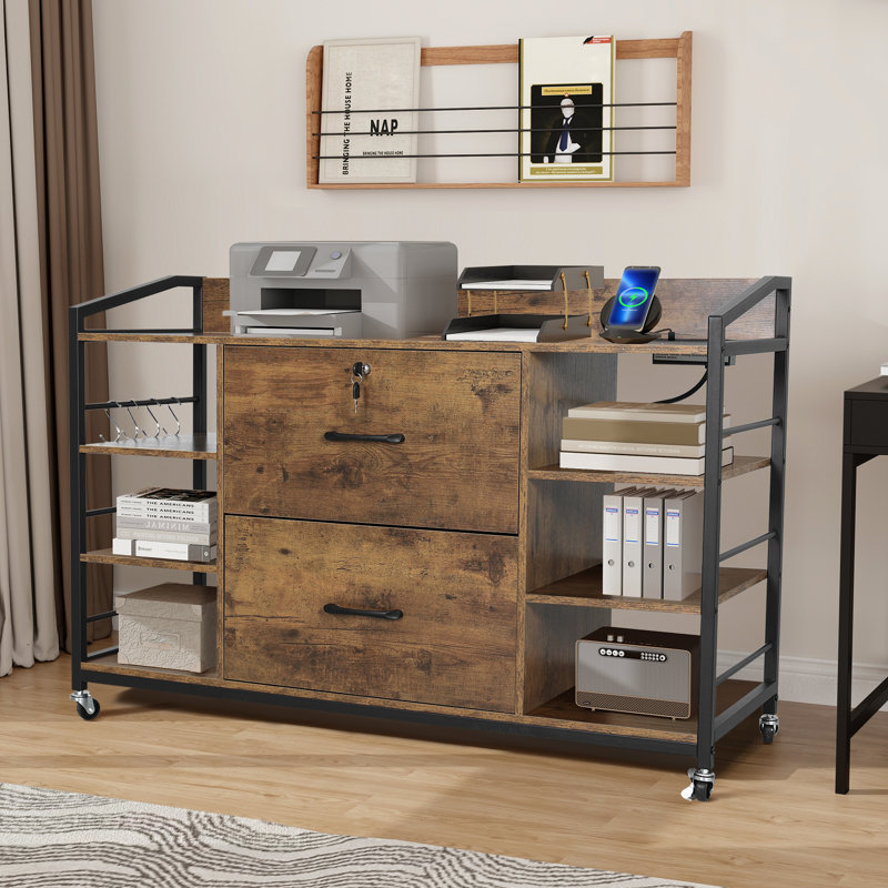 44” Locking Rolling Side File Cabinet With Storage Shelves And Drawers, Rustic Brown