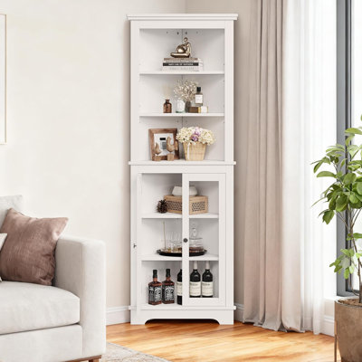 65" Tall Corner Storage Cabinet, Freestanding Farmhouse Bookcase with Glass Doors & Adjustable Shelves, Display Cabinet for Living Room, Bathroom by Ophelia & Co.