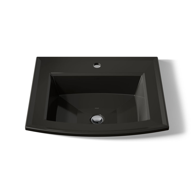 Lavabo de salle de bain rectangulaire encastré en porcelaine vitreuse avec trop-plein Archer®, Noir, Robinet à un trou