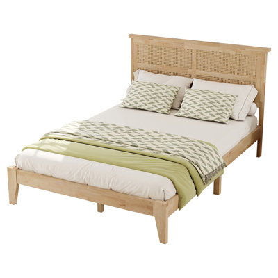 Full Size Solid Wood Bed with Rattan Headboard,Rubber Wood Bed with Central Support Beams and Enhanced Feet,Natural