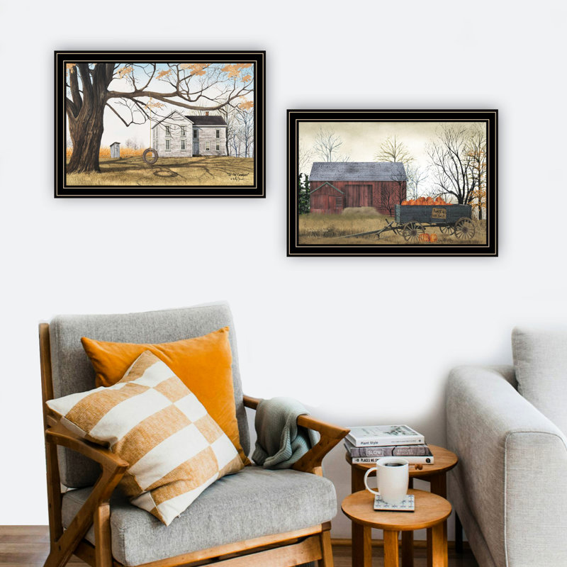 2 pièces d'art mural: ornement de salon et de chambre à coucher noir avec impression extraordinaire de chariot de citrouille de grange par Art For Interior: Decor