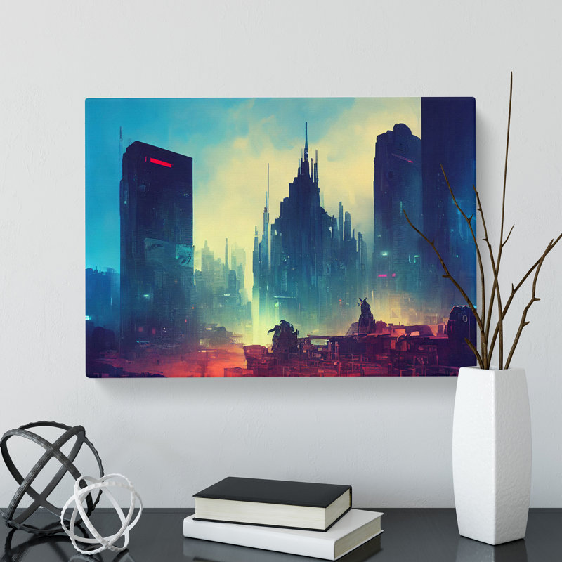 Glowing City Skyline Architecture - Wrapped Canvas, 35cm H x 50cm W x 3cm D