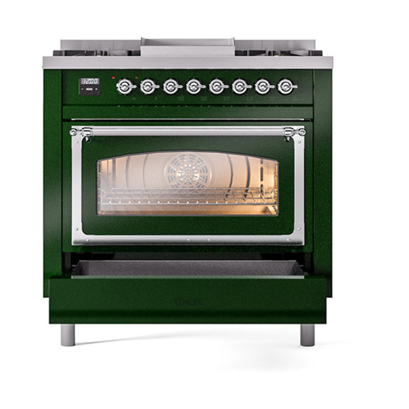 ILVE Nostalgie II Noblesse 36 in Dual Fuel Range, Emerald Green/Chrome, Natural Gas