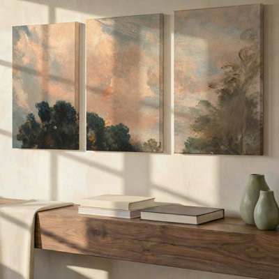 3 Pieces Exculisive Vintage Landscape Large Wall Art Green Trees and Peach Cloudy Sky Panoramic, Canvas Decor for Living Room, Bedroom and Office