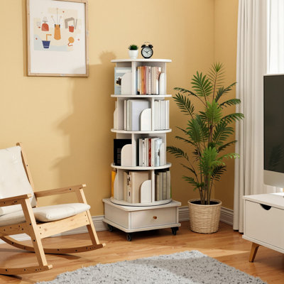 55.91"H × 18.11"W  5 Tier Rotating Bookshelf, 360° Display Round Spinning with Wheels and Drawer