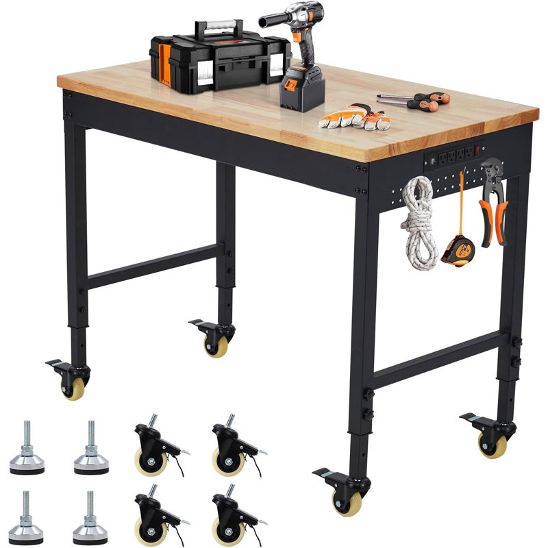 Adjustable Heavy Duty Workbench, 2000 LBS Load Capacity Rubber Wood Work Table with Pegboard Power Outlet and Lockable Wheels for Garage, Workshop, Office