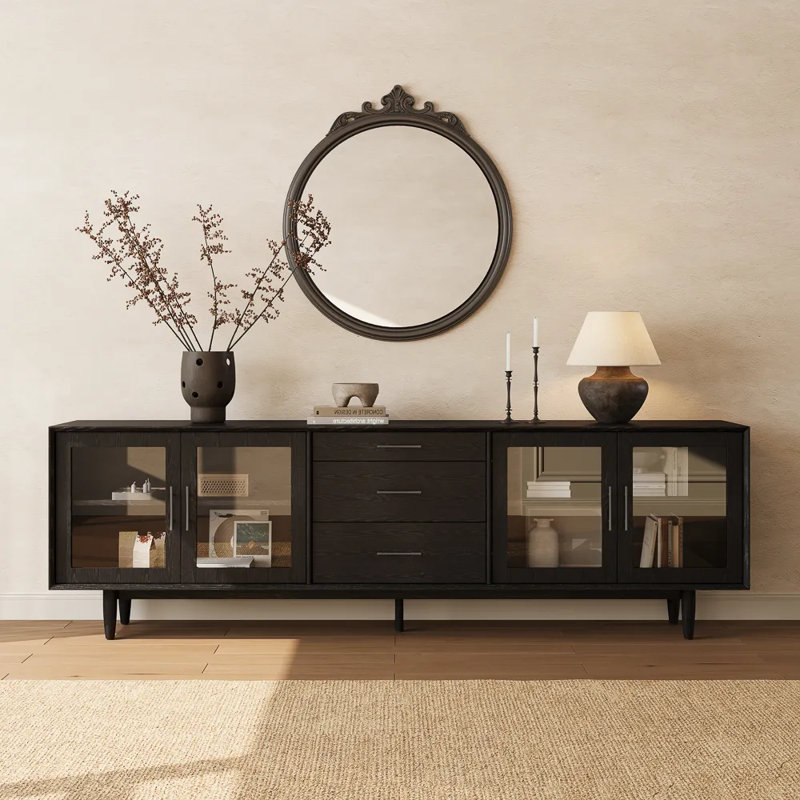 Mid-Century Modern TV Stand With Glass Doors, Fully Assembled, 29.53"H x 94"L x 17.72"W, Black
