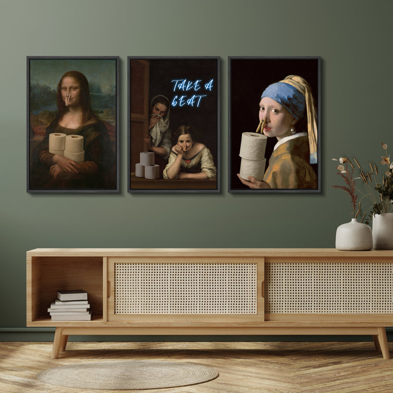 Amusant ensemble d'art mural classique sur toile, impressions encadrées mettant en vedette Mona Lisa, fille avec une boucle d'oreille en perles et plus pour une décoration de salle de bain ou de toilette d'invité excentrique