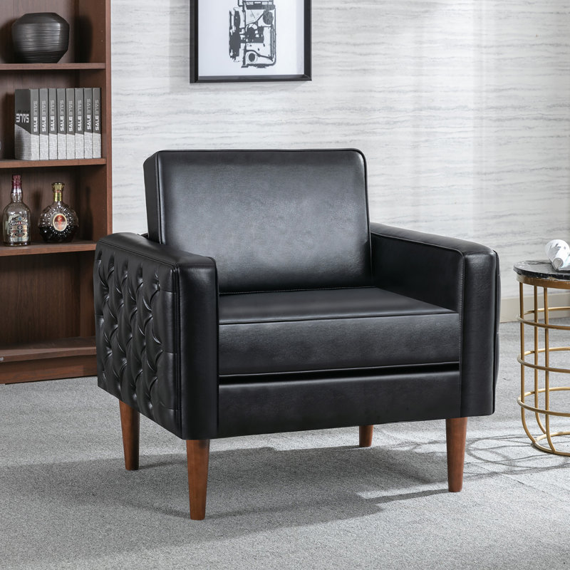 34.25'' Wide Faux Leather Tufted Armchair, Black 