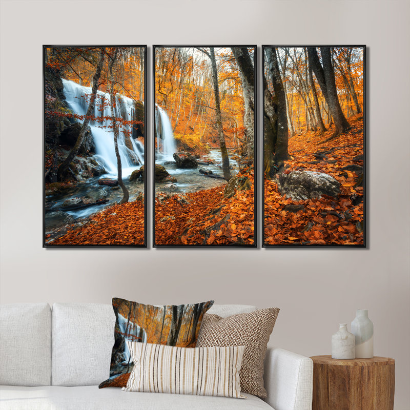 «Autumn Mountain Waterfall Close View», ensemble d'art mural sur toile encadré paysage, H 28 po x l 36 po x P 1 po, Noir