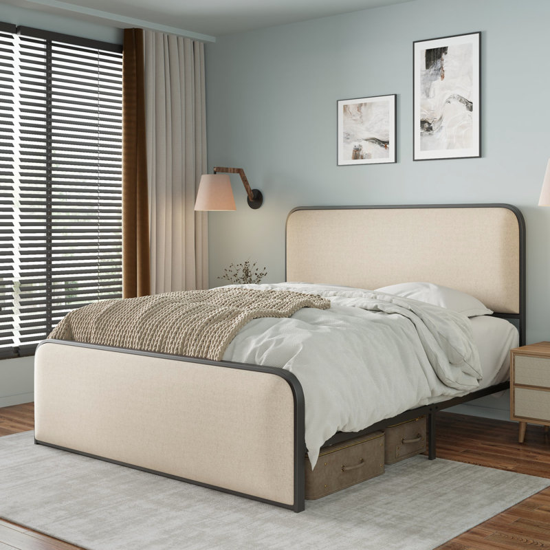 Cadre de lit très grand en métal, tête de lit tapissier beige et support de poids de 800 lb, cadre de rangement inférieur avec structure et