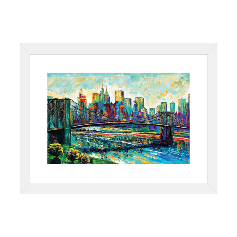 NYC Skyline by Natasha Mylius - Painting, 24" H x 32" W x 1" D, White Framed, White