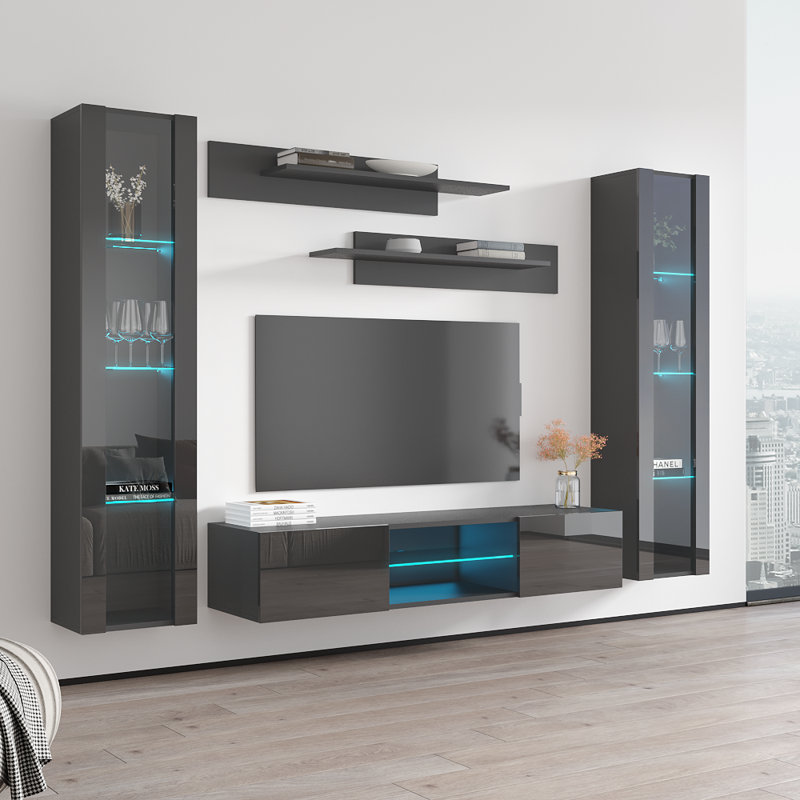 Meuble audio-vidéo flottant de 100 po avec éclairage à DEL 16 couleurs, finition ultrabrillante, Gris