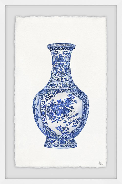 « blue patterned vase », reproduction de peinture à l’aquarelle encadrée, H 45 po x l 30 po x P 1,5 po