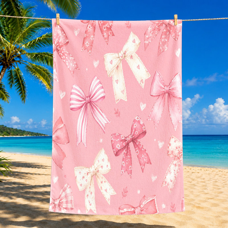 1Pcs Pink Bow Beach Towel, featuring a watercolor pattern of various bows and hearts on soft background. Large microfiber, perfect for trips, swimming, travel, camping, adorable design.