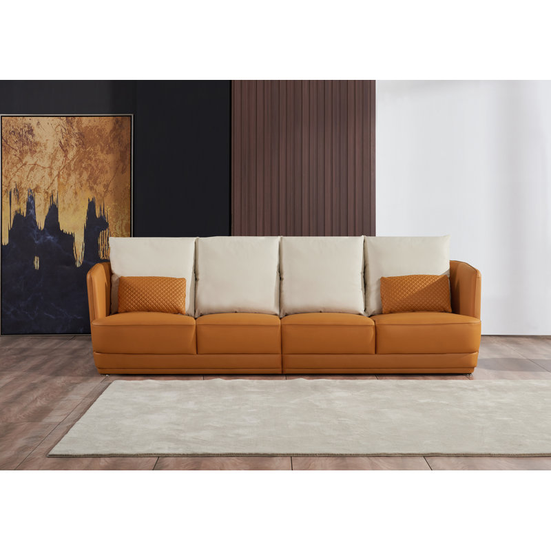 Glamour Sofa, Orange/Brown Genuine Leather, 4, 32.5" H x 111" W x 39.5" D