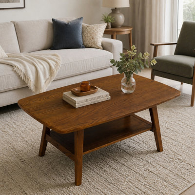 Mid-Century Modern Coffee Table, 100% Solid Oak Wood Coffee Table with Storage Shelf, 2-Tier Coffee Table with Rounded Corners for Living Room, Office