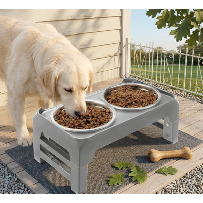 Support pour chien surélevé réglable à 3 hauteurs avec 2 bols en acier inoxydable épais de 6 po, 2,75 po à 7,5 po, gris