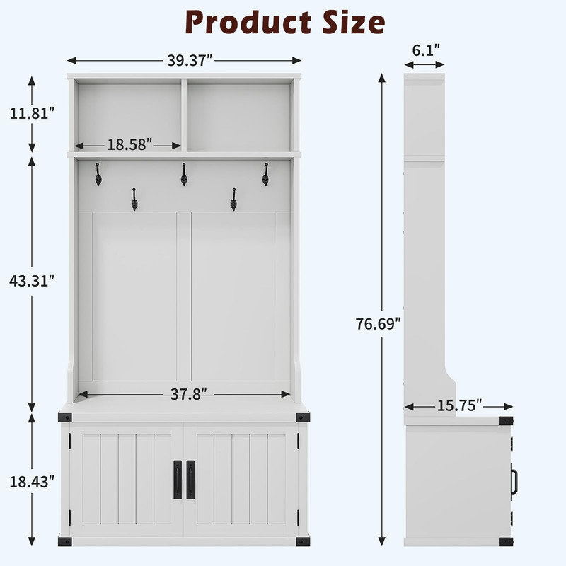 76" Hall Tree with Bench and Shoe Storage, Farmhouse 4-in-1 Entryway with Coat Rack & 5 Tri-Hooks, Adjustable Shelf, White Mudroom Bench with Storage Seating, Space Saving, White