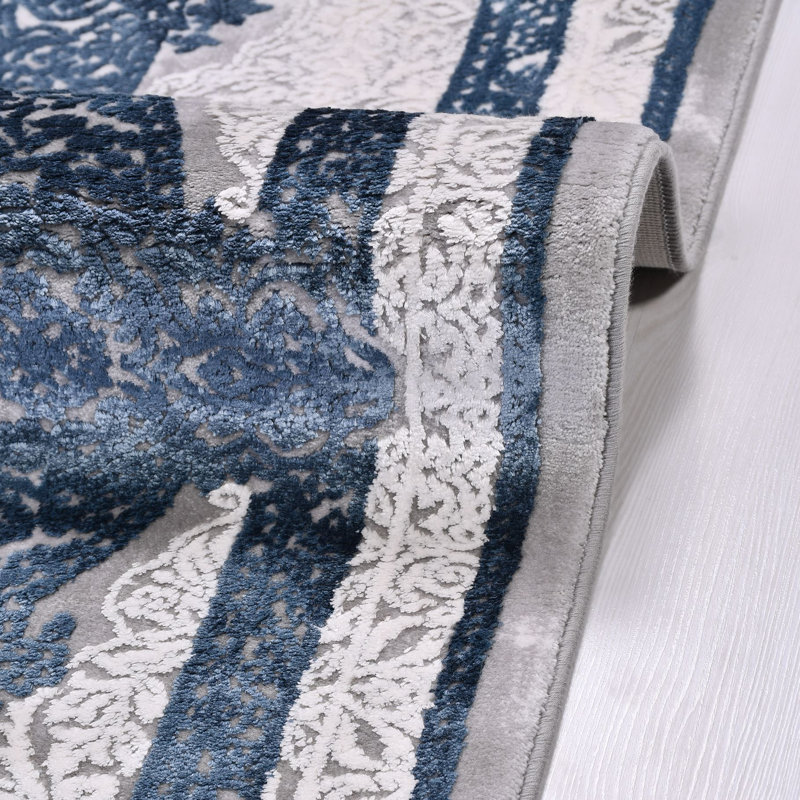 Tapis oriental beige / bleu lavable à la machine, Rectangle 5 pi 3 po x 7 pi 9 po