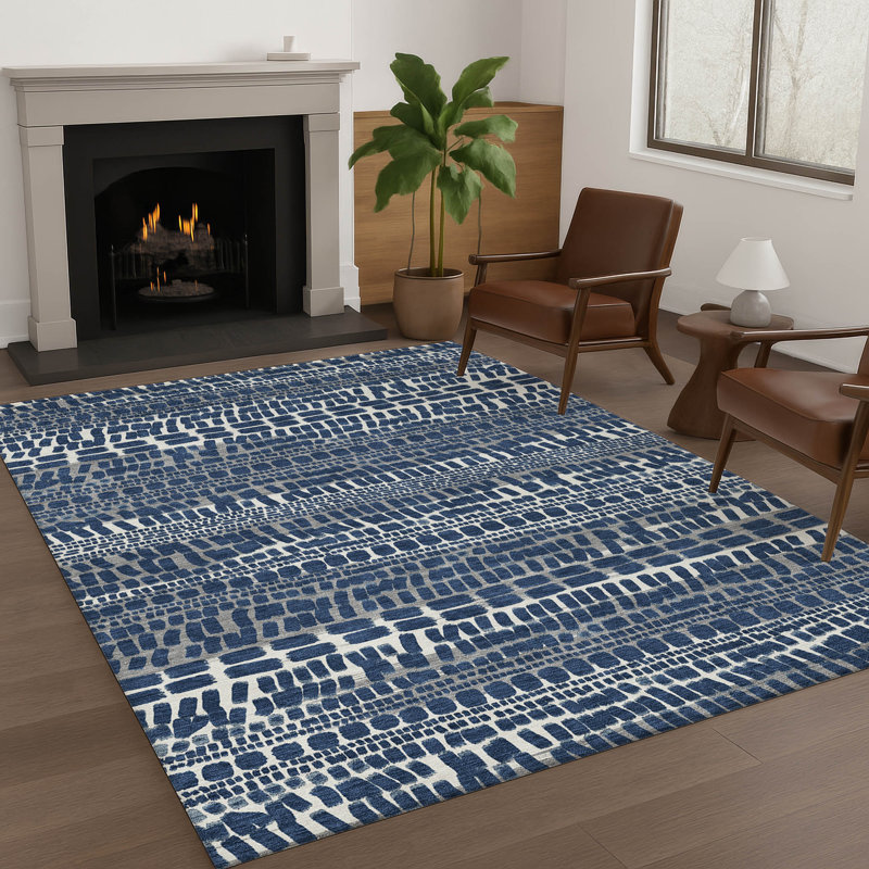 Tapis abstrait intérieur / extérieur lavable à la machine Chantille ACN2540, Marine, Rectangle 2 pi 6 po x 3 pi 10 po