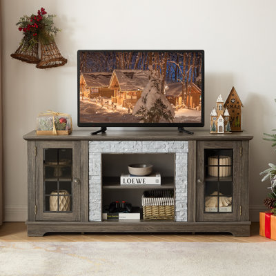 58" Modern TV Stand with 2-Door Storage, Faux Stone Media Console Cabinet, Grey Large Entertainment Center for Living Room