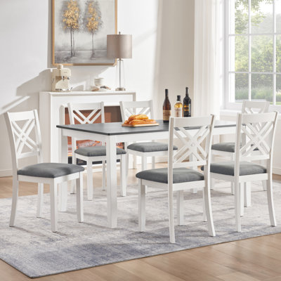 Modern 7-Piece Solid Wood Dining Set with 6 Upholstered Chairs – Grey & White Two-Tone Rectangular Table for 6, Space-Saving Kitchen & Dining Room Set