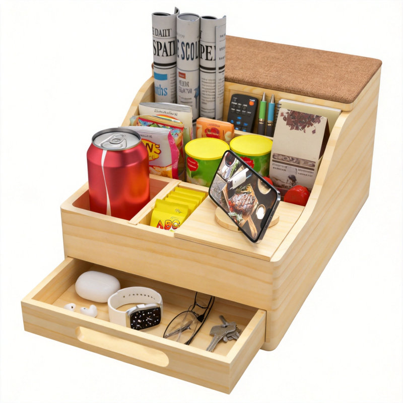 Couch Caddy Tray With Cup Holders, Multi-Use Sofa Table With Flip Top Push-Pull Drawer, Sturdy Couch Cup Holder For Car, Living Room, Bedroom, Vanity, (Natural)