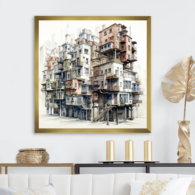 Dessin d'analyse d'un bâtiment urbain IV sur toile, Cadre doré simple, H 30 po x l 30 po x P 1 po