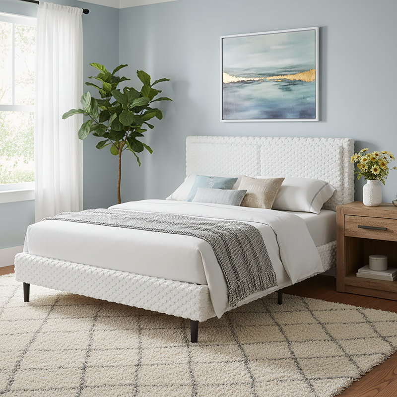 Lit tapissier contemporain Solara, Blanc, Grand